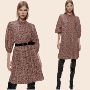 ZARA Micro Floral Print Balloon Sleeve Oversize Shirt Dress Size XS